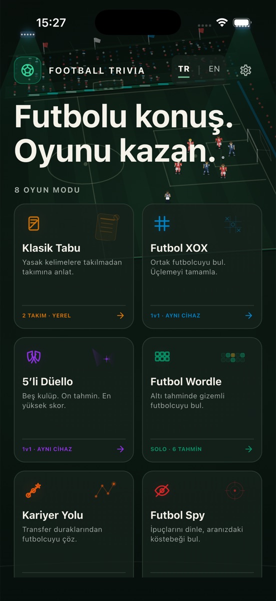 Football Trivia ana ekranı ve oyun modları